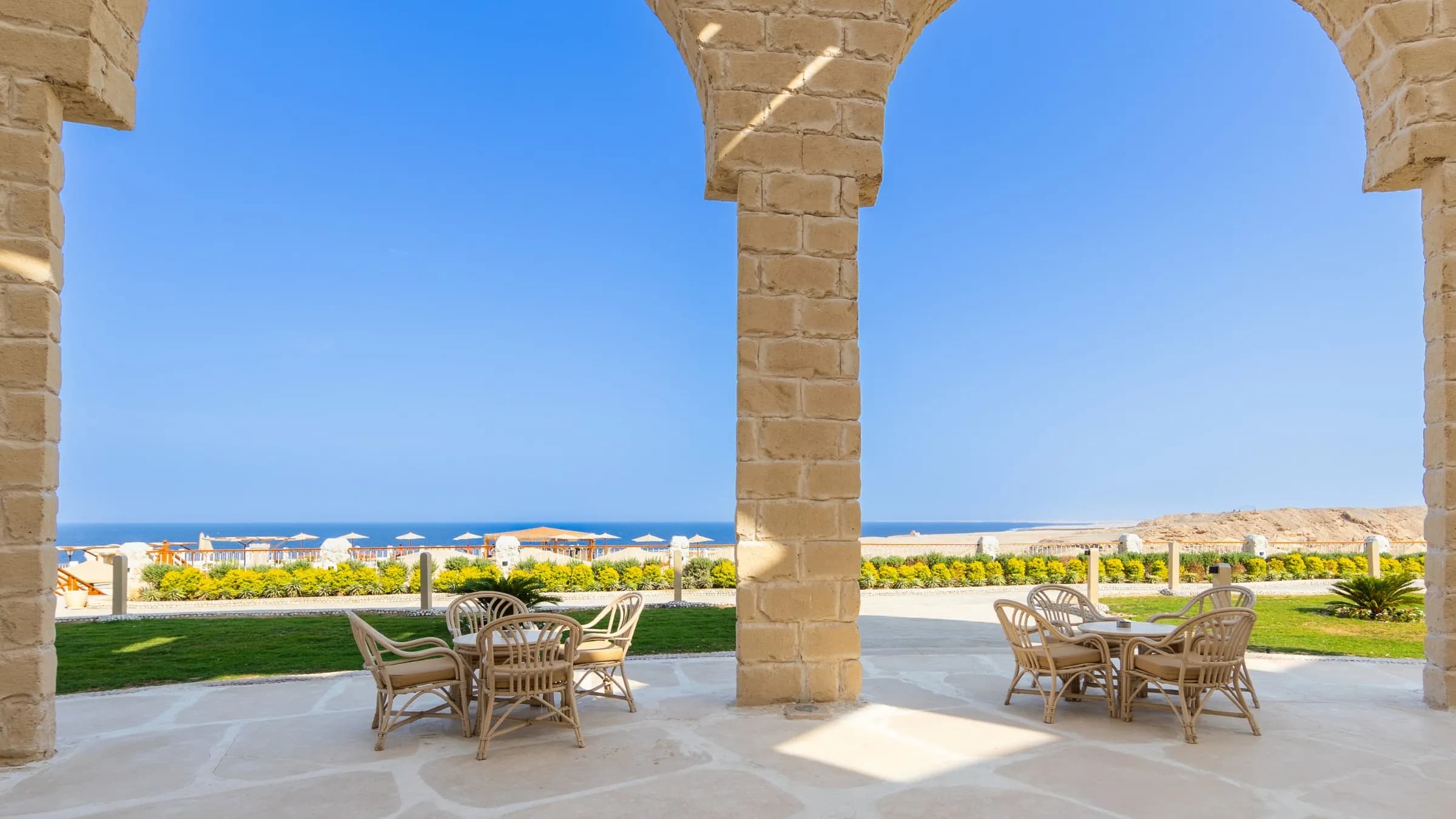Outdoor seating with sea view at Siva Golden Makadi